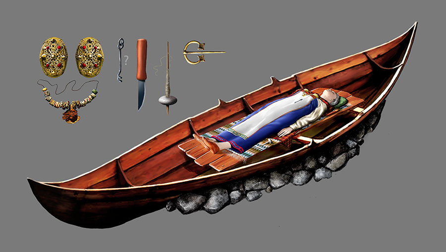 Illustrasjon: Rekonstruksjon av en båtgrav på Gulli. Arkikon.