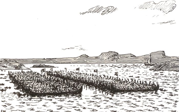 En av Erik Werenskiolds tegninger av slaget i Hafrsfjord.